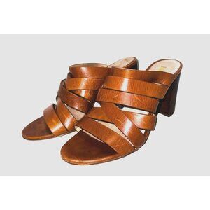 Louise Et Cie Kalika Congac Leather Strap Sandals 6M Mules Block Stacked Heels